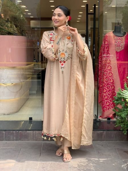 Cream Motifs Regular Beads and Stones Pure Silk Kurta With Dupatta Embroidery Kurtis 