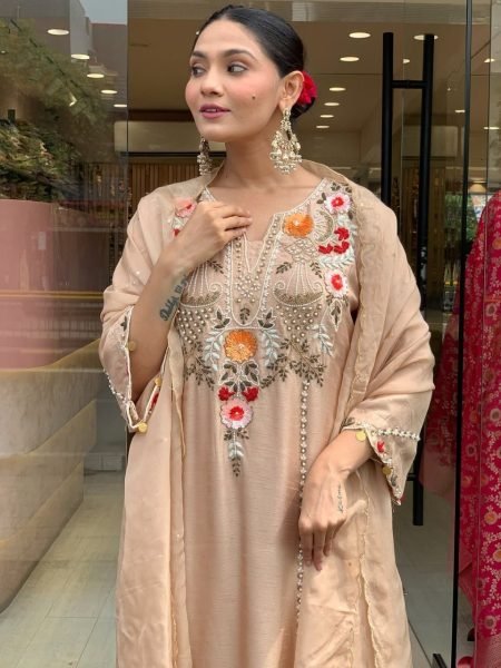 Cream Motifs Regular Beads and Stones Pure Silk Kurta With Dupatta Embroidery Kurtis 