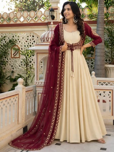 Cream Natural Crepe Gown with Embroidered Koti and Georgette Dupatta Set 