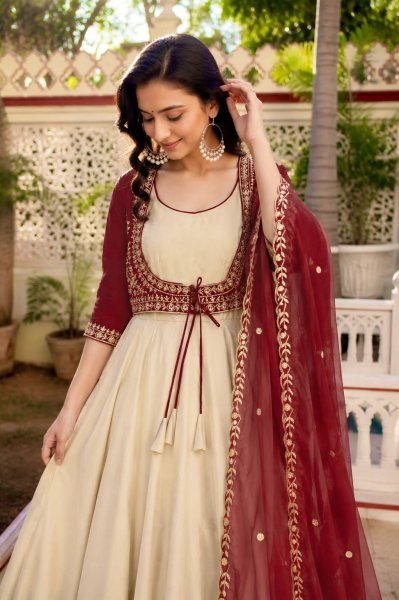 Cream Natural Crepe Gown with Embroidered Koti and Georgette Dupatta Set Ready To Wear Collection