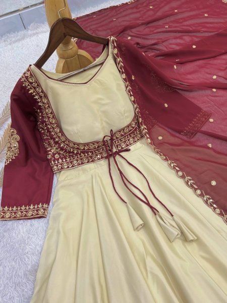 Cream Natural Crepe Gown with Embroidered Koti and Georgette Dupatta Set Ready To Wear Collection
