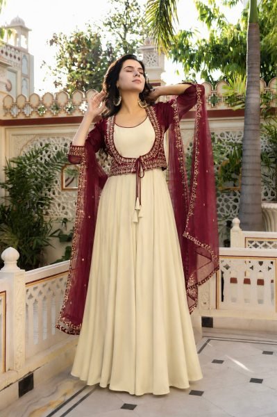 Cream Natural Crepe Gown with Embroidered Koti and Georgette Dupatta Set Ready To Wear Collection