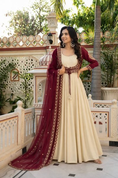 Cream Natural Crepe Gown with Embroidered Koti and Georgette Dupatta Set Ready To Wear Collection