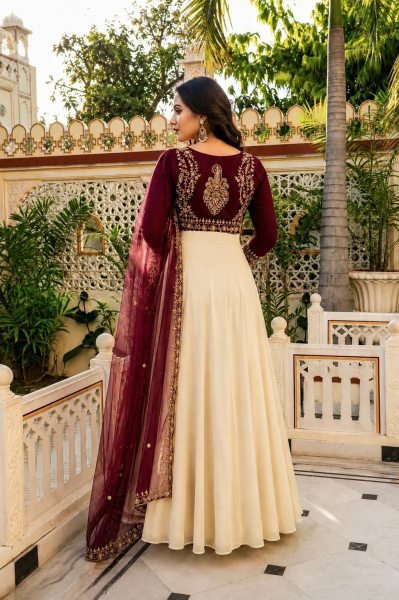 Cream Natural Crepe Gown with Embroidered Koti and Georgette Dupatta Set Ready To Wear Collection