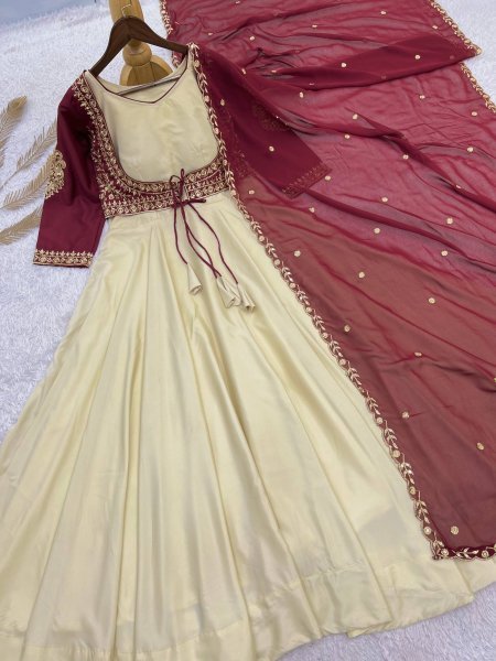 Cream Natural Crepe Gown with Embroidered Koti and Georgette Dupatta Set Ready To Wear Collection