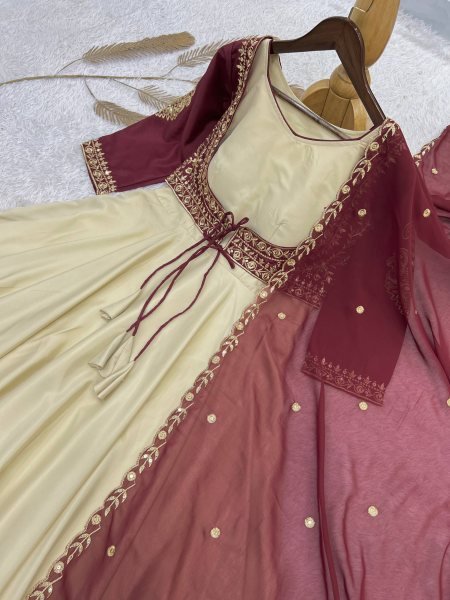 Cream Natural Crepe Gown with Embroidered Koti and Georgette Dupatta Set Ready To Wear Collection