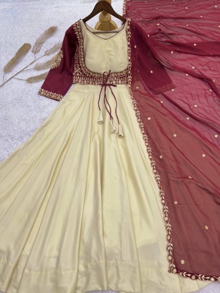 Cream Natural Crepe Gown with Embroidered Koti and Georgette Dupatta Set Ready To Wear Collection