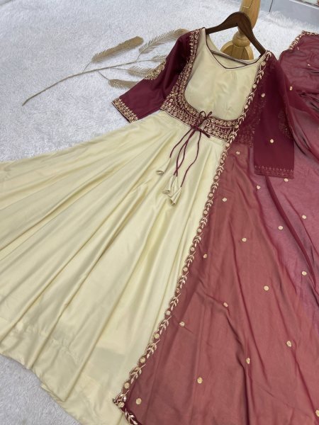 Cream Natural Crepe Gown with Embroidered Koti and Georgette Dupatta Set Ready To Wear Collection