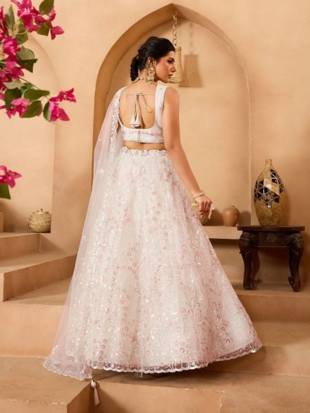 Cream Net Lehenga with Sequins and Stone Embroidery Work for Designer Party Wear Designer Lehenga Choli
