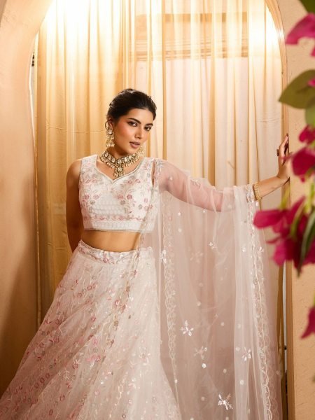 Cream Net Lehenga with Sequins and Stone Embroidery Work for Designer Party Wear Designer Lehenga Choli