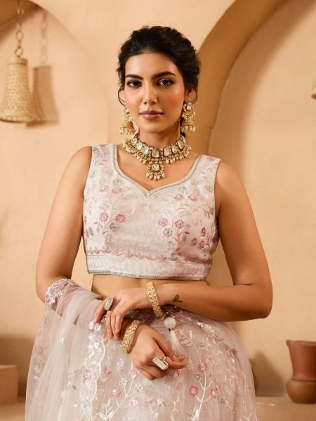 Cream Net Lehenga with Sequins and Stone Embroidery Work for Designer Party Wear Designer Lehenga Choli