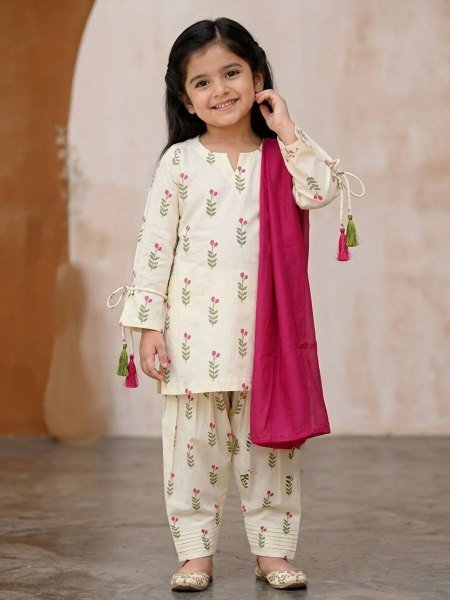Cream Pink Mom Daughter Combo Farshi Salwar Suit Set with Chanderi Dupatta For Festival Kurtis