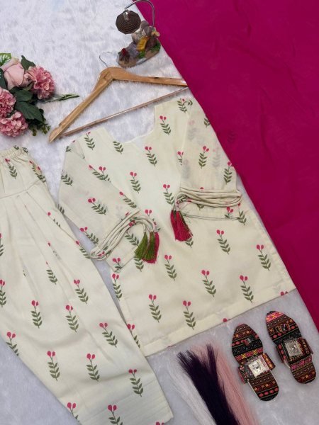 Cream Pink Mom Daughter Combo Farshi Salwar Suit Set with Chanderi Dupatta For Festival Girls Wear