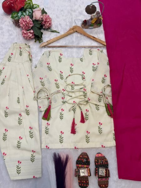 Cream Pink Mom Daughter Combo Farshi Salwar Suit Set with Chanderi Dupatta For Festival Girls Wear