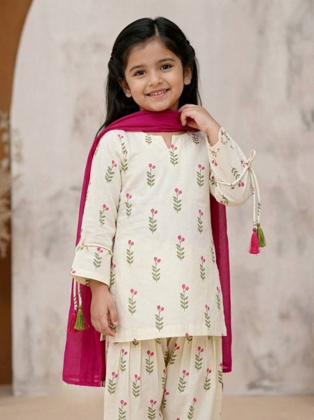 Cream Pink Mom Daughter Combo Farshi Salwar Suit Set with Chanderi Dupatta For Festival Girls Wear