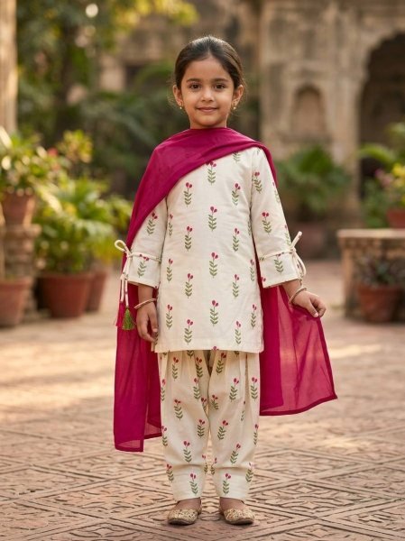 Cream Pink Mom Daughter Combo Farshi Salwar Suit Set with Chanderi Dupatta For Festival Girls Wear