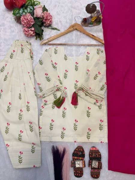 Cream Pink Mom Daughter Combo Farshi Salwar Suit Set with Chanderi Dupatta For Festival Girls Wear