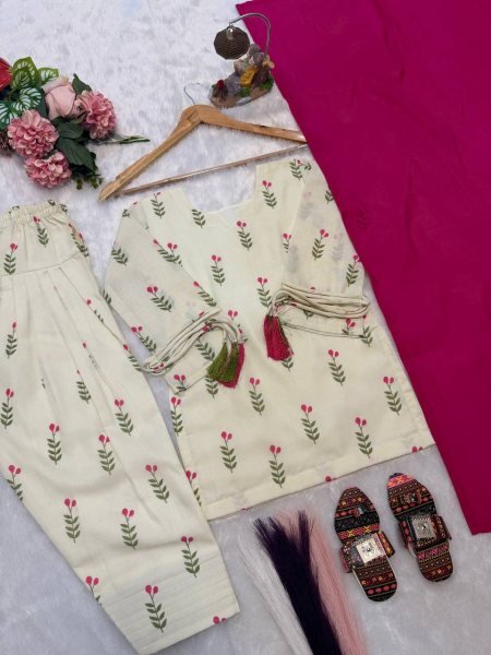 Cream Pink Mom Daughter Combo Farshi Salwar Suit Set with Chanderi Dupatta For Festival Girls Wear