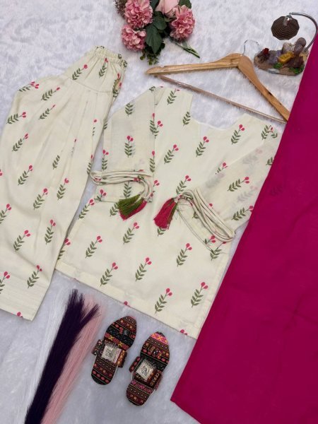 Cream Pink Mom Daughter Combo Farshi Salwar Suit Set with Chanderi Dupatta For Festival Girls Wear