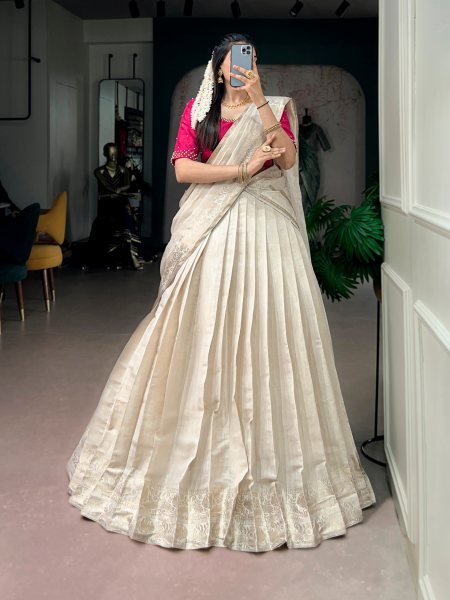 Cream Poly Kanjivaram Half Saree with Zari Weaving Border and Pearl Work Blouse Half Saree Lehenga