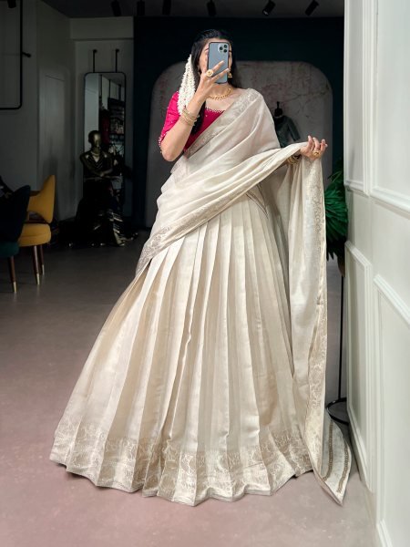 Cream Poly Kanjivaram Half Saree with Zari Weaving Border and Pearl Work Blouse Half Saree Lehenga