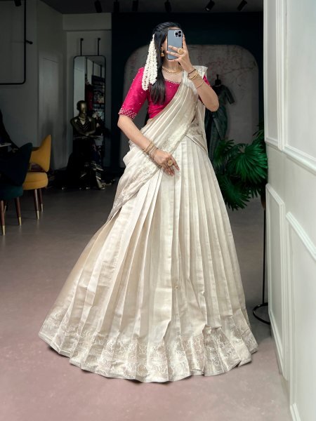 Cream Poly Kanjivaram Half Saree with Zari Weaving Border and Pearl Work Blouse Half Saree Lehenga