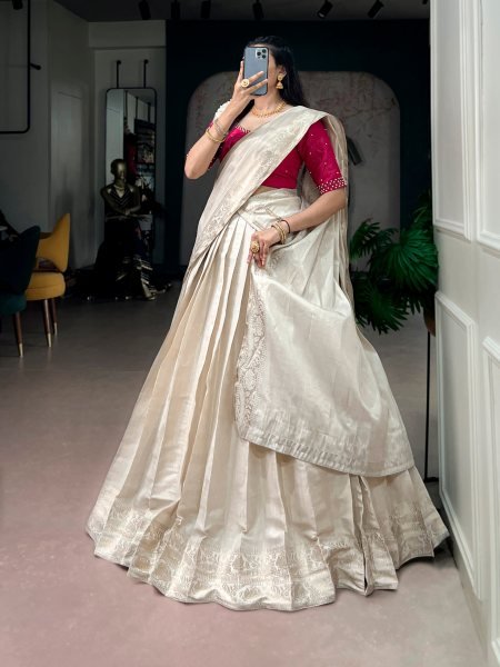 Cream Poly Kanjivaram Half Saree with Zari Weaving Border and Pearl Work Blouse Half Saree Lehenga