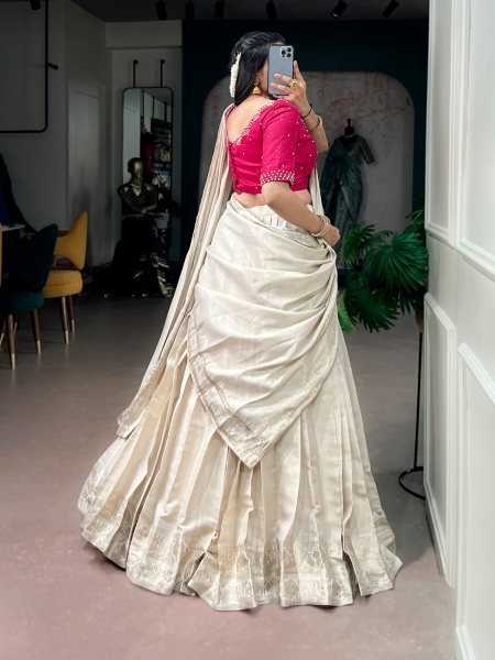 Cream Poly Kanjivaram Half Saree with Zari Weaving Border and Pearl Work Blouse Half Saree Lehenga