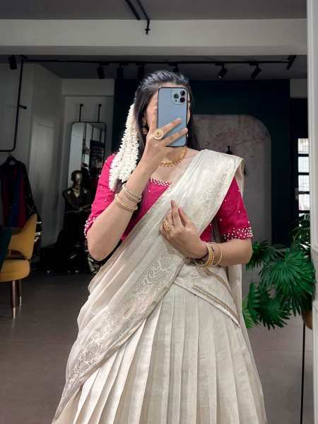 Cream Poly Kanjivaram Half Saree with Zari Weaving Border and Pearl Work Blouse Half Saree Lehenga