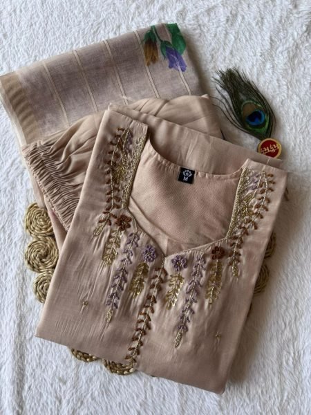 Cream Premium Quality Kurti Pant Set with Hand Work at Manufacturer Price  Straight Cut Long Kurtis