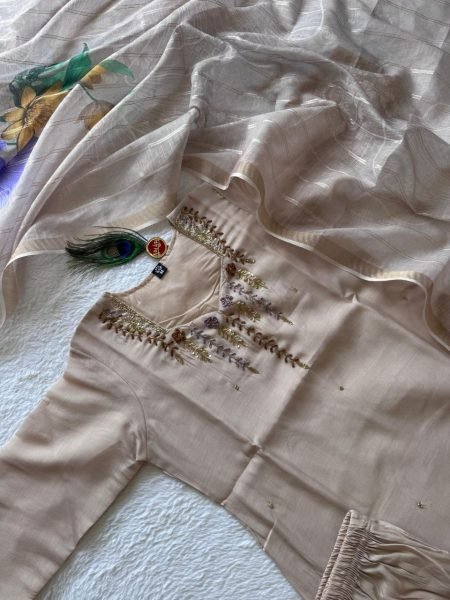 Cream Premium Quality Kurti Pant Set with Hand Work at Manufacturer Price  Straight Cut Long Kurtis