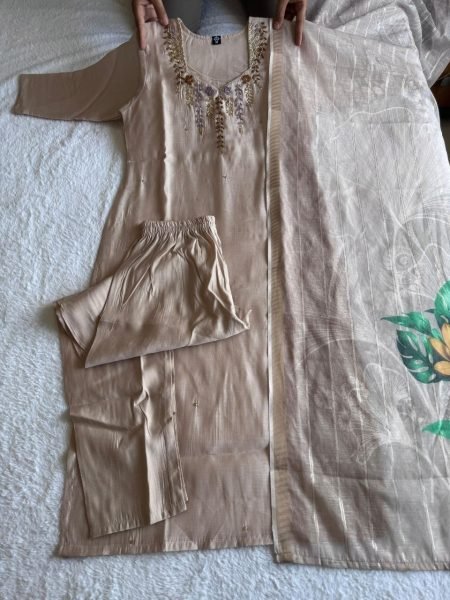 Cream Premium Quality Kurti Pant Set with Hand Work at Manufacturer Price  Straight Cut Long Kurtis