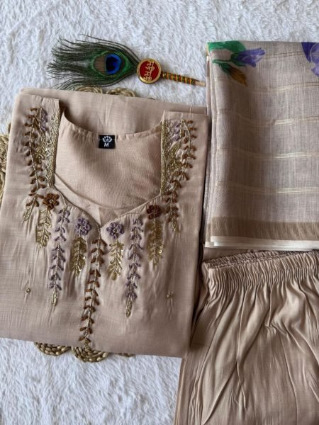 Cream Premium Quality Kurti Pant Set with Hand Work at Manufacturer Price  Straight Cut Long Kurtis