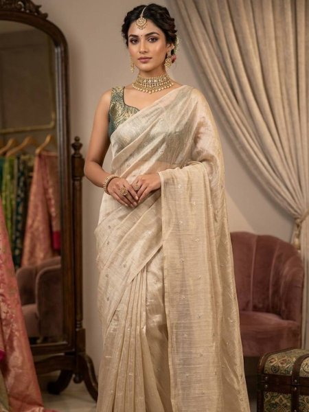 Cream Premium Viscose Crush Tissue Silk Saree with Green Gold Zari Banarasi Blouse 