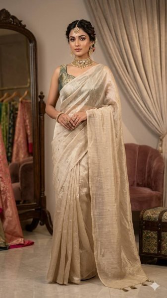 Cream Premium Viscose Crush Tissue Silk Saree with Green Gold Zari Banarasi Blouse Silk Sarees Wholesale