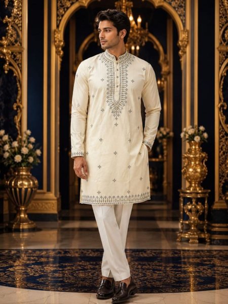 Cream Pure Silk Embroidered Kurta Pajama Set with Foil Thread Work for Wedding Wear Mens Wear