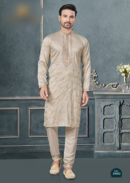 Cream Pure Silk Embroidery Kurta Pajama for Men at Function Look Kurta Pajama Wholesale