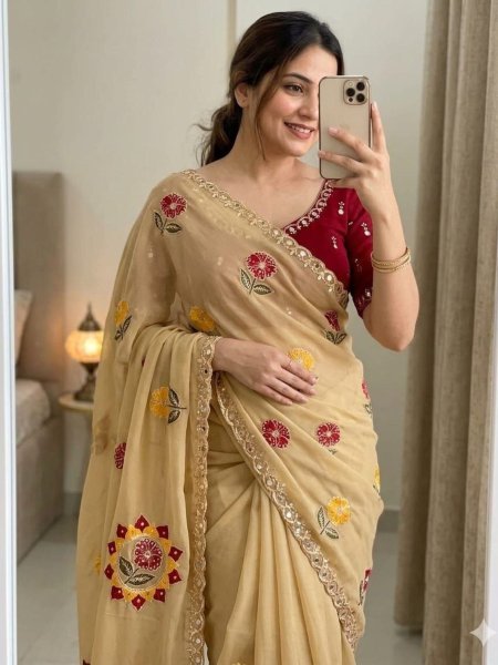 Cream Rangoli Silk Saree with Real Mirror and Embroidery Work for Wedding Wear Sarees 