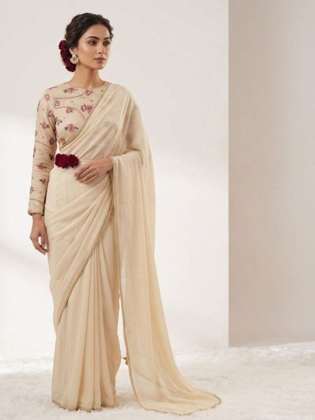 Cream Rangoli Silk Saree with Beads Pearl Katdana Handwork for Wedding Wear Sarees 