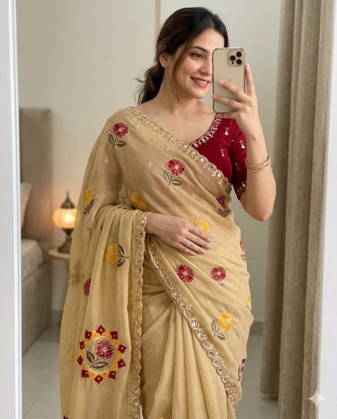 Cream Rangoli Silk Saree with Real Mirror and Embroidery Work for Wedding Wear Silk Sarees Wholesale