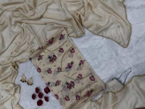 Cream Rangoli Silk Saree with Beads Pearl Katdana Handwork for Wedding Wear Silk Sarees Wholesale