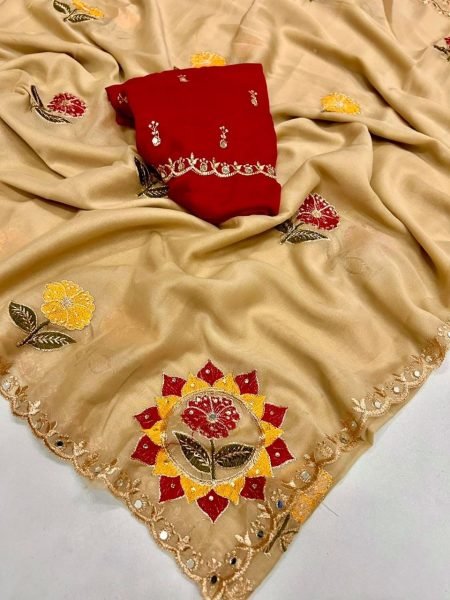 Cream Rangoli Silk Saree with Real Mirror and Embroidery Work for Wedding Wear Silk Sarees Wholesale