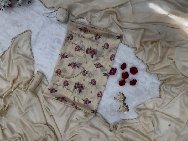 Cream Rangoli Silk Saree with Beads Pearl Katdana Handwork for Wedding Wear Silk Sarees Wholesale