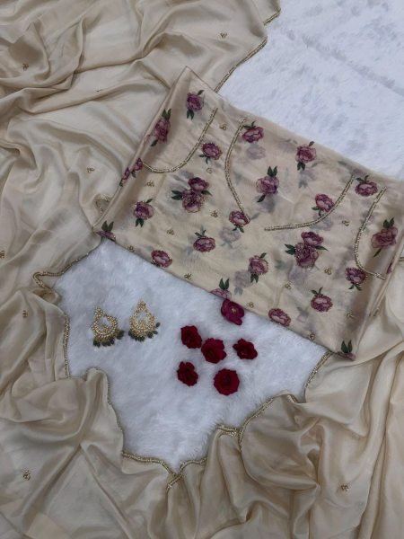 Cream Rangoli Silk Saree with Beads Pearl Katdana Handwork for Wedding Wear Silk Sarees Wholesale
