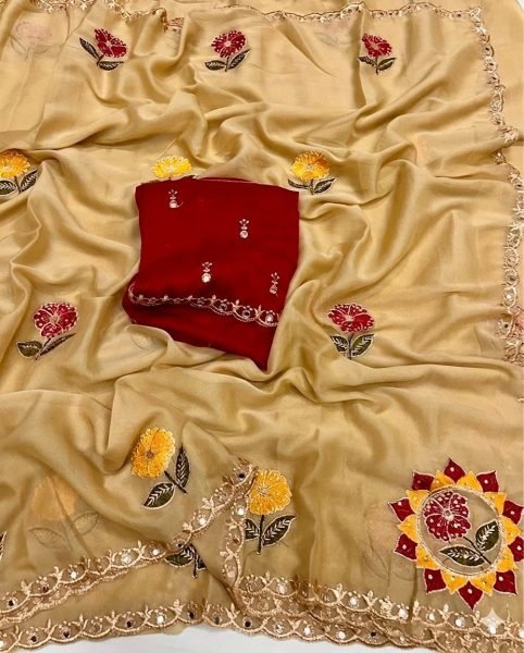 Cream Rangoli Silk Saree with Real Mirror and Embroidery Work for Wedding Wear Silk Sarees Wholesale