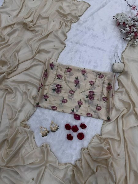 Cream Rangoli Silk Saree with Beads Pearl Katdana Handwork for Wedding Wear Silk Sarees Wholesale