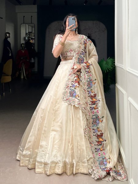 Cream Raspberry Lehenga Choli with Sequins Thread Embroidery and 5 Meter Flair  Lehenga