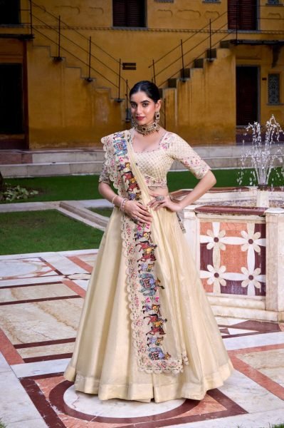 Cream Raspberry Lehenga Choli with Sequins Thread Embroidery and 5 Meter Flair Navratri Lehnega Choli