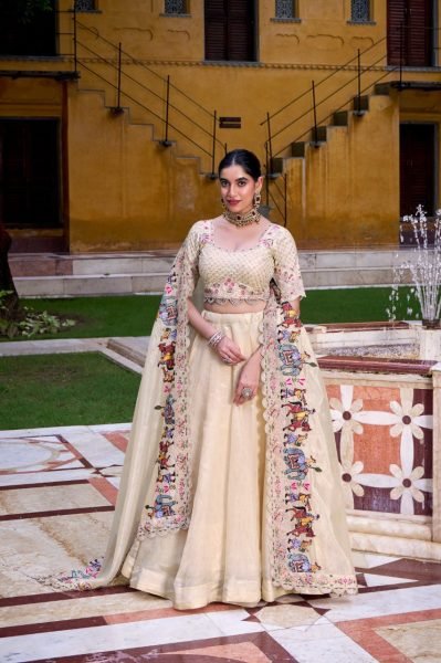 Cream Raspberry Lehenga Choli with Sequins Thread Embroidery and 5 Meter Flair Navratri Lehnega Choli