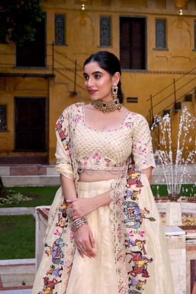 Cream Raspberry Lehenga Choli with Sequins Thread Embroidery and 5 Meter Flair Navratri Lehnega Choli